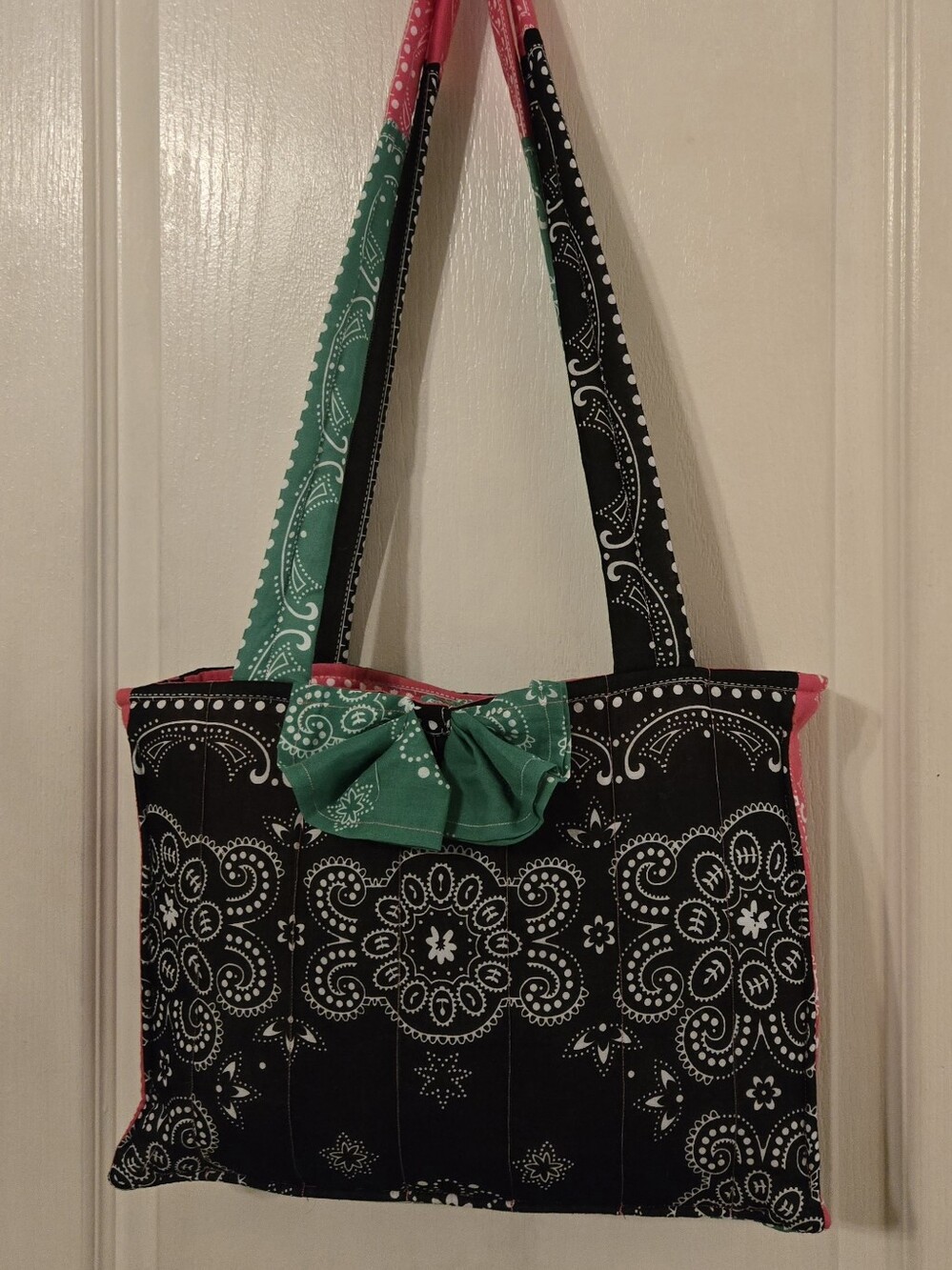 Handmade Black Bandana-Print Tote Bag with Pink Trim and Green Accent